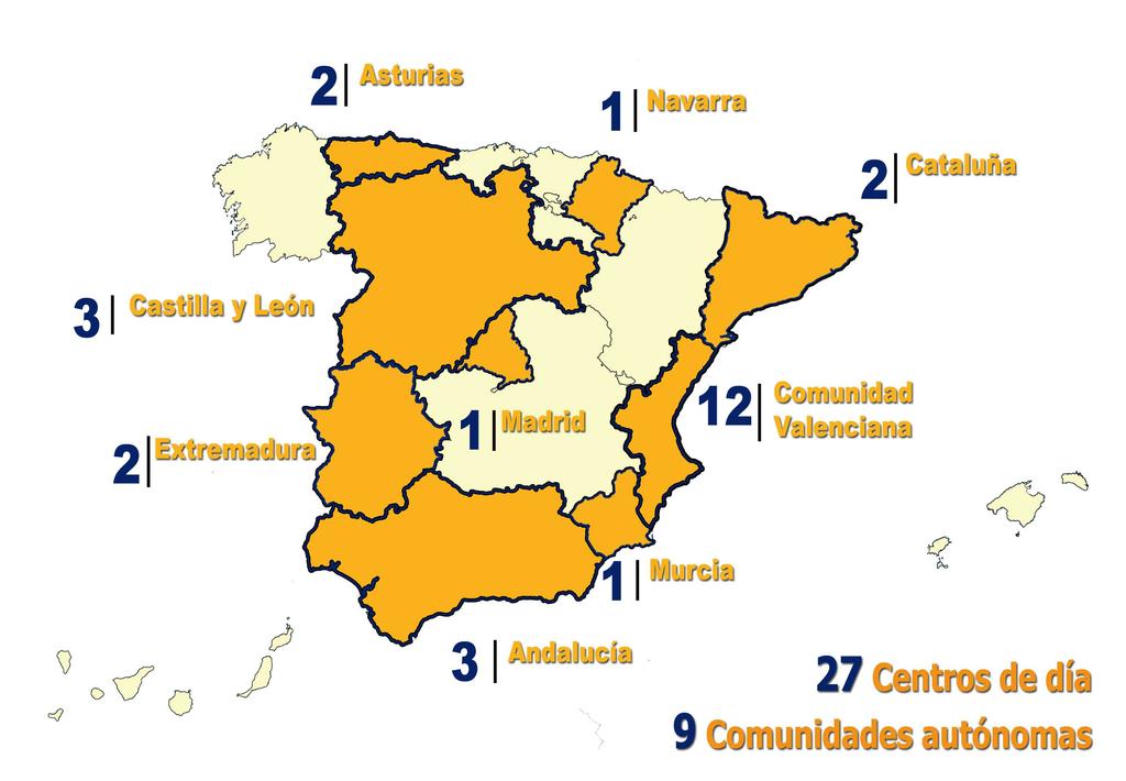 DÓNDE ESTAMOS En la actualidad, ASECEDI, está presente en 9 comunidades autónomas a través de sus 22 entidades asociadas, que representan a 27 Centros de Día.