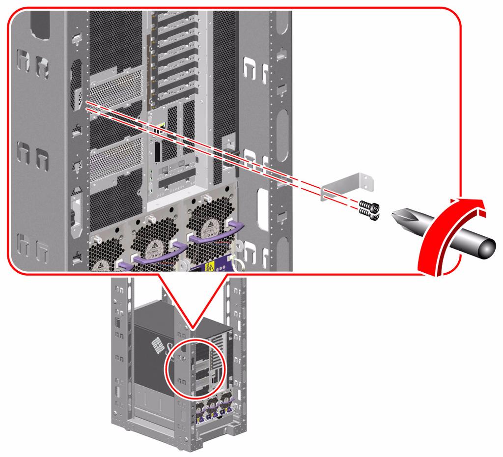 2. Coloque el soporte en uno de los rieles posteriores del mueble, como se indica en el diagrama siguiente. Utilice dos tornillos 10-32 para fijar el soporte en el riel del mueble.