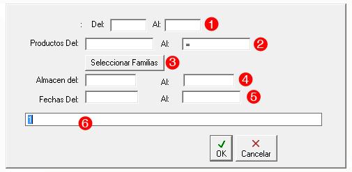 Inicialmente muestra una ventana donde es posible aplicar un primer filtro en la información a consultar, ya sea por rango de clientes (1), por selección de productos (2) o familias (3), por almacén