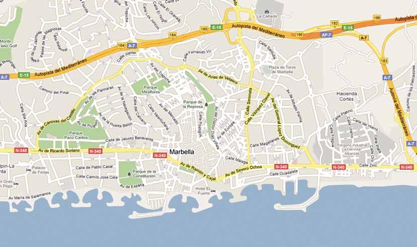 C Localización Location Plano de Marbella Marbella map Mar Mediterraneo Transporte/ Transport Aeropuerto Internacional Málaga: 37 min Malaga International Airport Aeropuerto