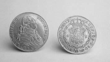 ; 1 7 g. 4.- Carlos III, 1773. M coronada. P.J. 14 7 x 0 75 mm.; 1 8 g. 5.- Carlos III, 1786. M coronada. D.V.