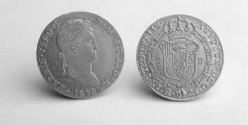 NUEVAS INCORPORACIONES AL MONETARIO DEL MUSEO DE NAVARRA 1.- Carlos IV, 1790. N R en nexo, J.J. (Nuevo Reino). 29 15 x 1 4 mm.; 13 4 g. 2.- Carlos IV, 1795. M coronada. M.F. 29 7 x 1 45 mm.; 13 6 g.