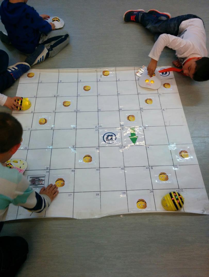 OCA-BOT Descripció de l activitat. Per a fer aquesta activitat recrearem el joc de l oca adaptat als bee-bots. En una lona gran blanca amb quadrats de 15X15 enganxarem les diferents caselles.