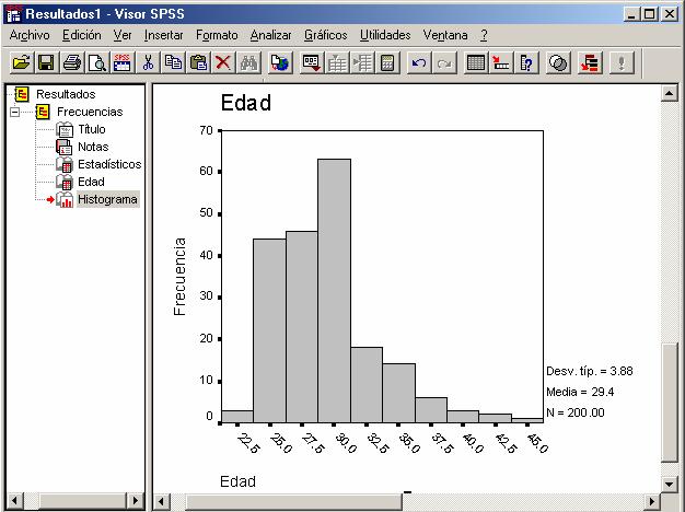 Para ir de un resultado a otro puede utilizarse la parte izquierda de la pantalla, donde aparece el listado de resultados obtenidos (en el ejemplo: EDAD e Histograma ).