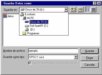 Pulsar Guardar para finalizar la operación El SPSS guarda los archivos de datos con la extensión "sav" por tanto basta con dar un nombre a los datos (ejemplo) y por defecto se grabarán en un archivo