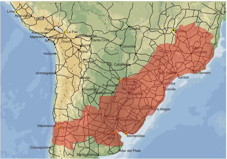 IV.7 Eje MERCOSUR - Chile IV.7.1 Ubicación y área de influencia del Eje El Eje MERCOSUR-Chile posee una superficie de 3,1 millones de km 2 y abarca la República Oriental del Uruguay, el centro de