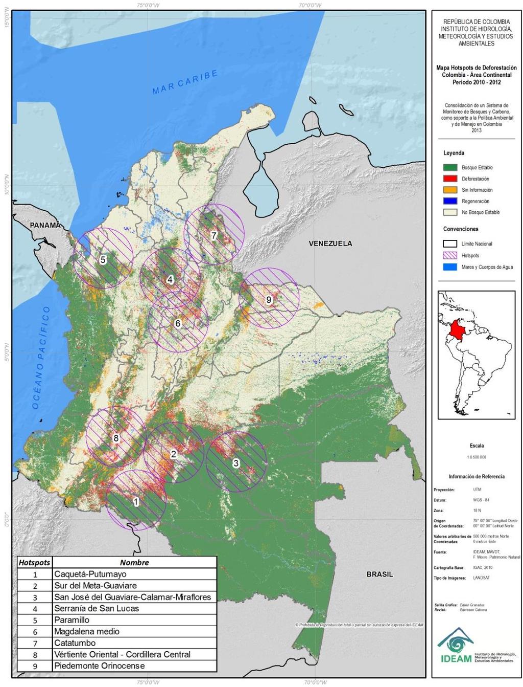 Puntos Activos de Deforestación Años 2011-2012 Las áreas núcleo de deforestación donde se concentra la mayor pérdida de bosque son: Caquetá-Putumayo, Meta-Guaviare Eje San José del Guaviare-Calamar-
