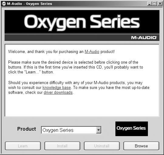 Oxygen Series Manual del usuario 4 Instrucciones de instalación en Windows XP y Windows Vista ATENCIÓN: Asegúrese de que el teclado Oxygen no está conectado a la computadora cuando comience con la