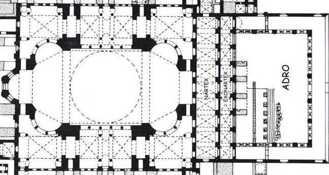 La iglesia bizantina de planta central: Santa Sofía ATRIO El sistema de cubierta: cúpulas y contrarrestos Cubierta dinámica: C C A) Gran cúpula central (31 m de diámetro) B A B B) Empujes recogidos