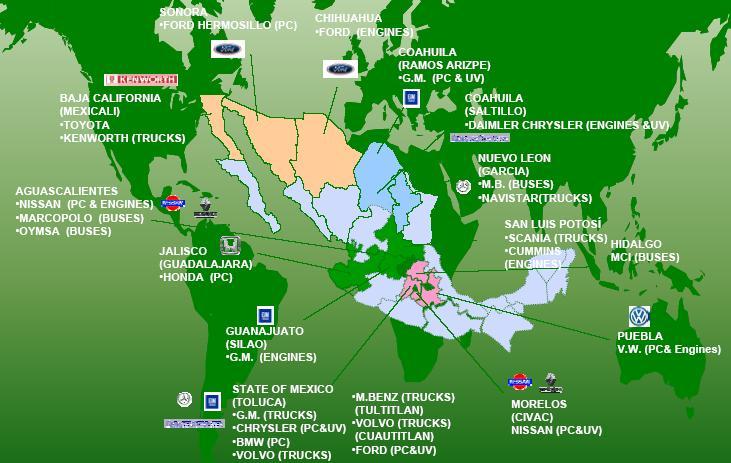 Mapa 2.1 Localización de la industria automotriz en México. Fuente: Bancomext. La industria automotriz post-tlcan.