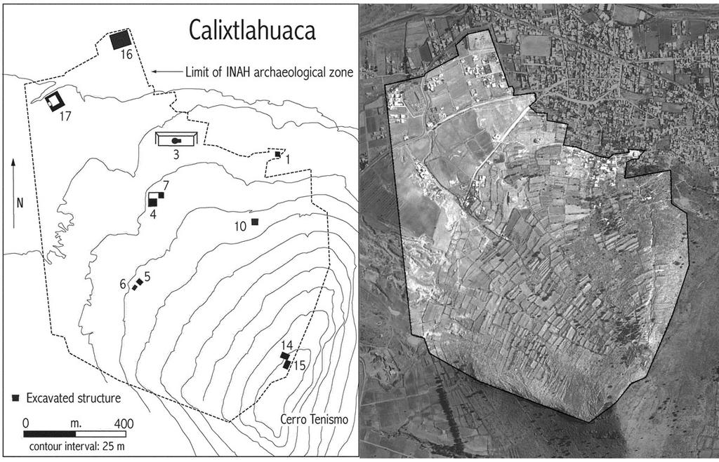 1. Mapa de Calixtlahuaca y foto aérea de la zona. 2.