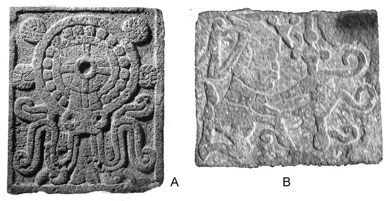 3. Relieves de piedra de Calixtlahuaca. A: estilo Mexica (pieza no. SS-6); B: estilo local (pieza no. SS-94); fotos del autor. Cuadro 1.