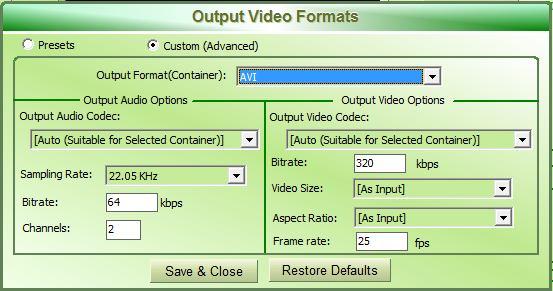 Formato de Salida de Video (Custom Advanced) Si