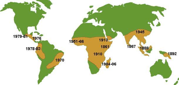 Distribución geográfica 1868 Sri Lanka (Ceilán) 1970 - Brasil (Sur de Bahía) 1976