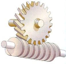 Por cada vuelta que gira el tornillo sin fin, la rueda dentada gira un diente (de este modo se consigue una gran reducción de la velocidad).