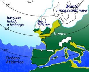 Europa en el Ultimo Máximo Glacial. El norte quedaba cubierto por los mantos de hielo Laurentianos.