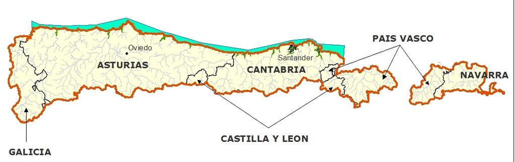 Parte española de la Demarcación Hidrográfica del del Norte Comprende el territorio de las cuencas hidrográficas de los ríos que vierten al mar Cantábrico desde la desembocadura del río Eo, incluida