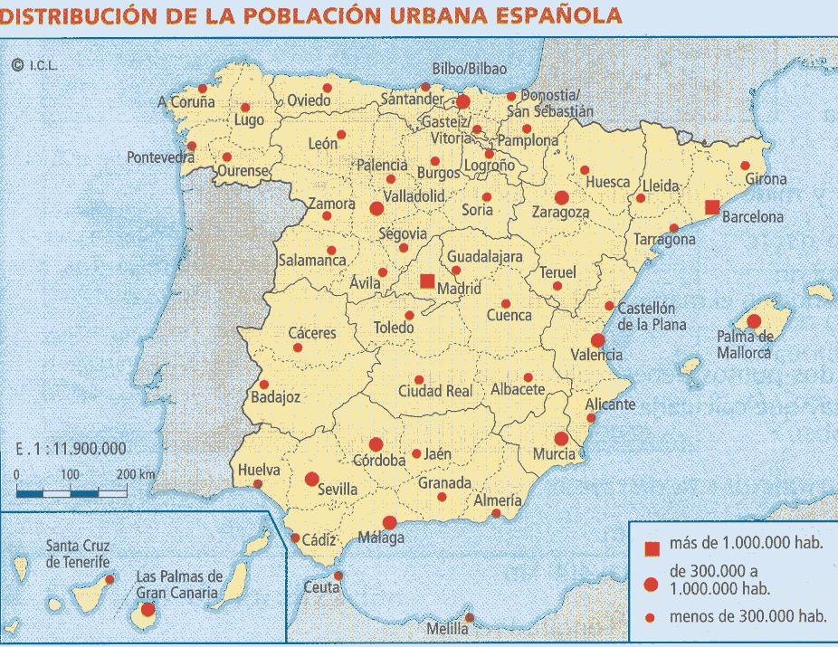 Observa este mapa en el que aparece la distribución de la población en las ciudades de España. El cuadrado indica que hay más de 1.000.000 de habitantes.