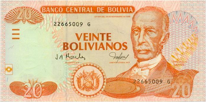 El billete de 20 bolivianos muestra en el anverso la efigie del abogado Don Pantaleón Dalence (1815 1892), es considerado padre de la justicia boliviana por su constante lucha contra la corrupción.