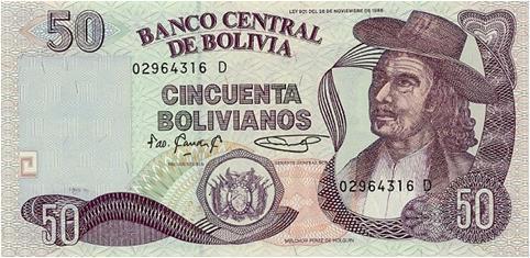 El corte de 50 bolivianos muestra en el anverso el retrato del pintor más representativo del período colonial del Alto Perú, Melchor Pérez de Holguín, oriundo de