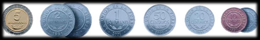 MONEDAS DE BOLIVIA EN CIRCULACIÓN Bs 0,10 La moneda del corte de 10 centavos de Boliviano es cilíndrica, pesa 1,85 gramos, tiene un diámetro de 19 milímetros, espesor de un milímetro y es de borde