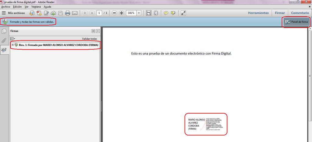 Una vez realizado estos pasos el resultado es un documento PDF firmado digitalmente, como lo vemos en la siguiente imagen. a.