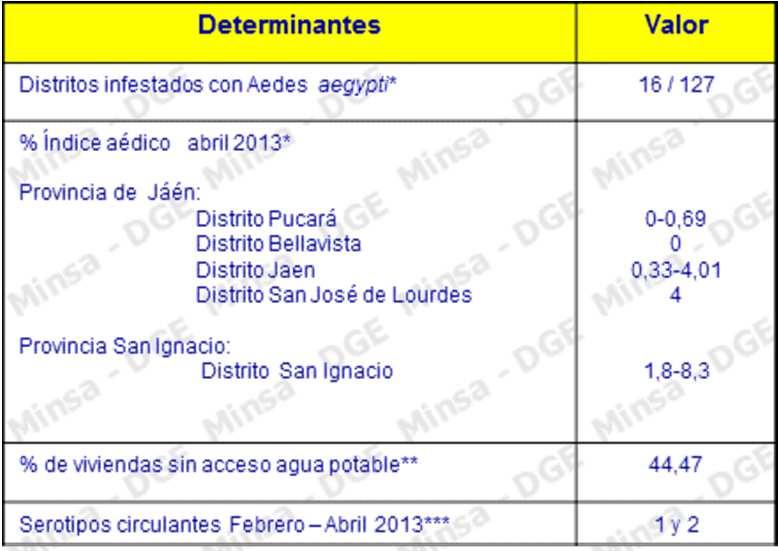 DENGUE: Departamento Cajamarca 2013* Curva de casos de dengue en Cajamarca 2010 2013* 2010 2011 2012 2013* Mapa de incidencia Cajamarca 2013* 784 688 3209 24* Determinantes de riesgo de dengue en