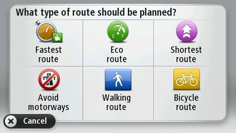 Selección de un tipo de ruta Cada vez que planifique una ruta, puede elegir que se le pregunte el tipo de ruta que desea planificar. Para ello, toque Configuración y, a continuación, Planificar rutas.