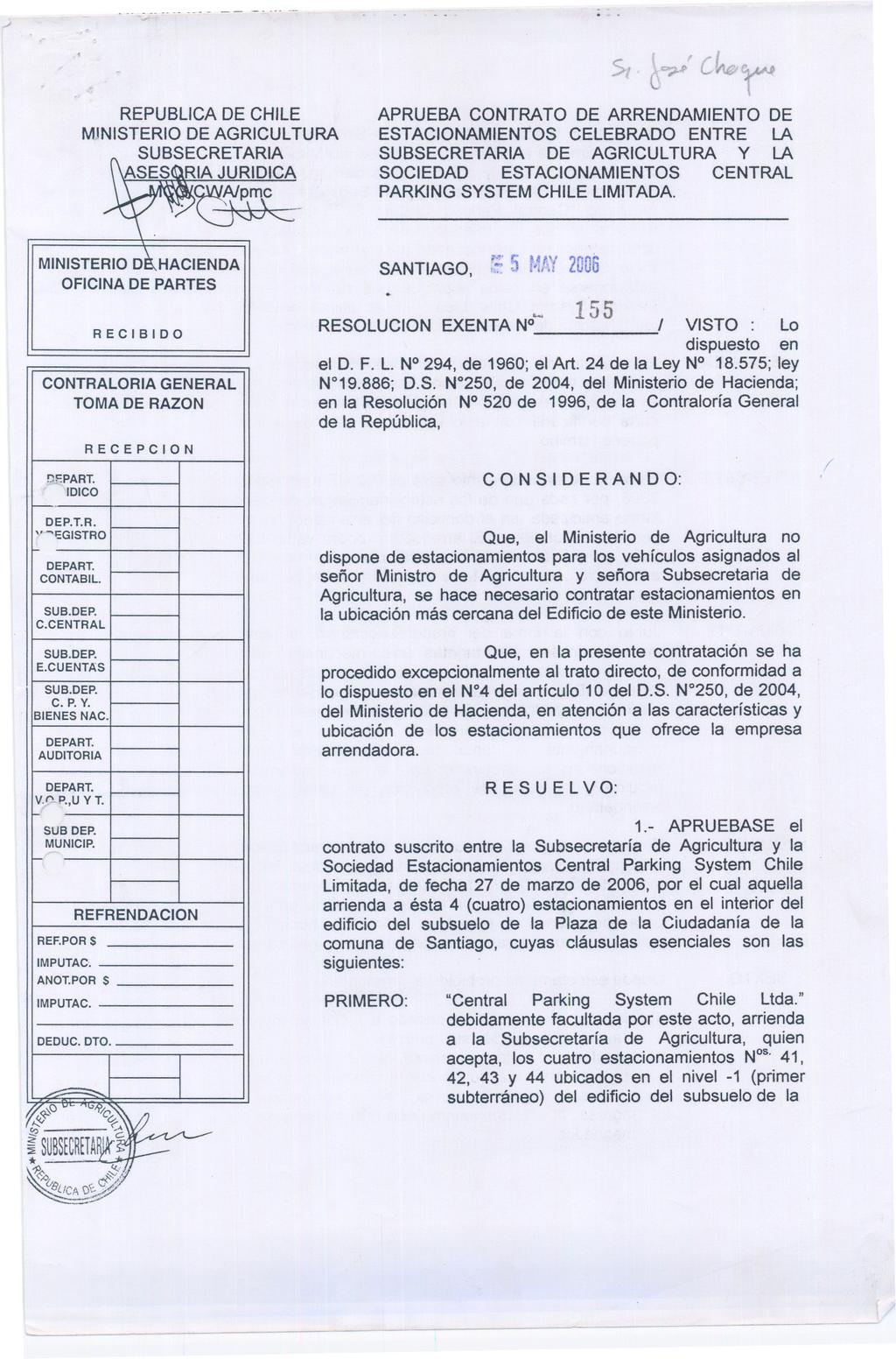 REPUBLlCA DE CHILE MINISTERIO DE AGRICULTURA SUBSECRETARIA SESQRIA JURIOICA.