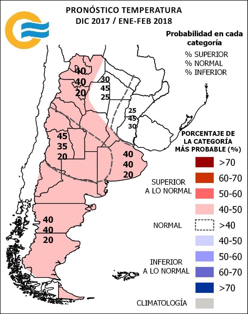 PRONÓSTICO TRIMESTRAL Temperatura Media diciembre 2017 / enero-febrero 2018 Se prevé mayor probabilidad de ocurrencia de temperatura media: - Superior a la normal sobre Cuyo, sur de Córdoba, La Pampa
