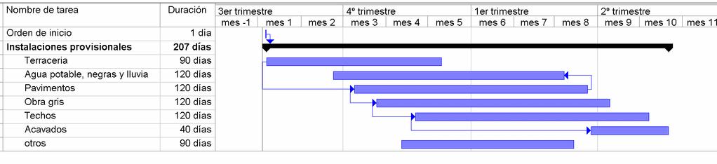 214 Figura 5.4 Ejemplo de la programación de los tiempos de ejecución consolidados de un proyecto, realizado con el software Microsoft Project 2003.