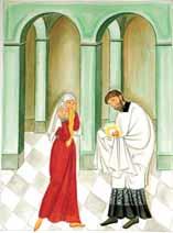 El sacerdote abrió el pañuelo de lino blanco donde estaba envuelta la Hostia Santa, y vio que una mitad se había transformado en el Cuerpo del Señor en modo visible, mientras que la otra mitad se