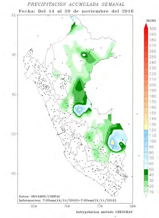 Fuente: DGM/SENAMHI * Los mapas y gráficos del presente boletín se realizaron con datos disponibles hasta el 06/11/2016 Mapa Nº 3 Promedio semanal de precipitación acumulada del 14