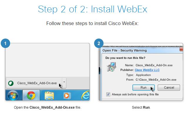1 Instalar WebEx (pasos 1-4) Ud. puede instalar WebEx en su computadora o u:lizar una aplicación temporal. Las dos opciones son posibles.