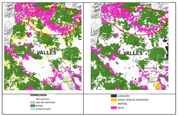 25 años de análisis, el cambio se haya debido al crecimiento de la superficie sembrada con agave tequilana. Figura 6. Cambios de uso del suelo en la región Valles del estado de Jalisco.