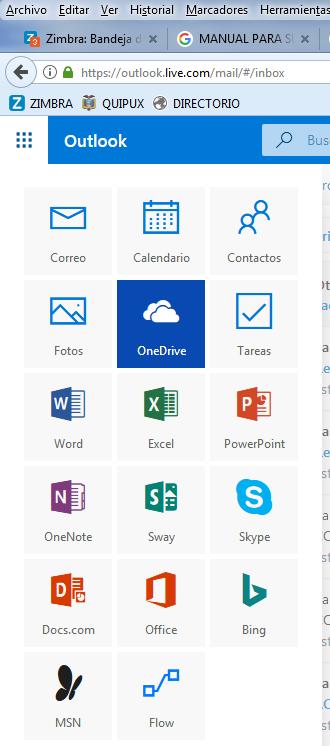 OneDrive puede ser accedido en la sección superior izquierda de Outlook.com.