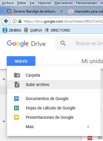 Para subir archivos en el Google drive se debe dar seguir los siguientes pasos: Clic en nuevo que