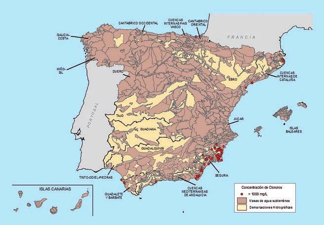 Perfil Ambiental de España 2012 La demarcación hidrográfica del Segura es la que ofrece una mayor proporción de puntos de muestreo con concentraciones de cloruros superiores a 1.000 mg/l.