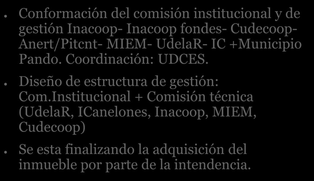 Plataforma para la autogestión pando Conformación del comisión institucional y de gestión Inacoop- Inacoop fondes- Cudecoop- Anert/Pitcnt- MIEM- UdelaR- IC +Municipio Pando. Coordinación: UDCES.