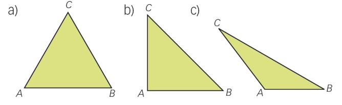 a) Triángulo equilátero. b) Triángulo rectángulo. c) Triángulo obtusángulo.