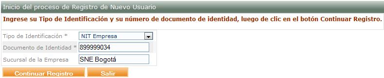 1.5.3. El sistema muestra un formulario para registrar el NIT de la sede del SNE, seleccione el botón Continuar Registro.