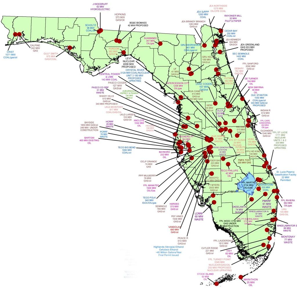 Plantas generadoras en Florida 89 Plantas generadoras 18,000,000 habitantes 58,420 MW capacidad en verano