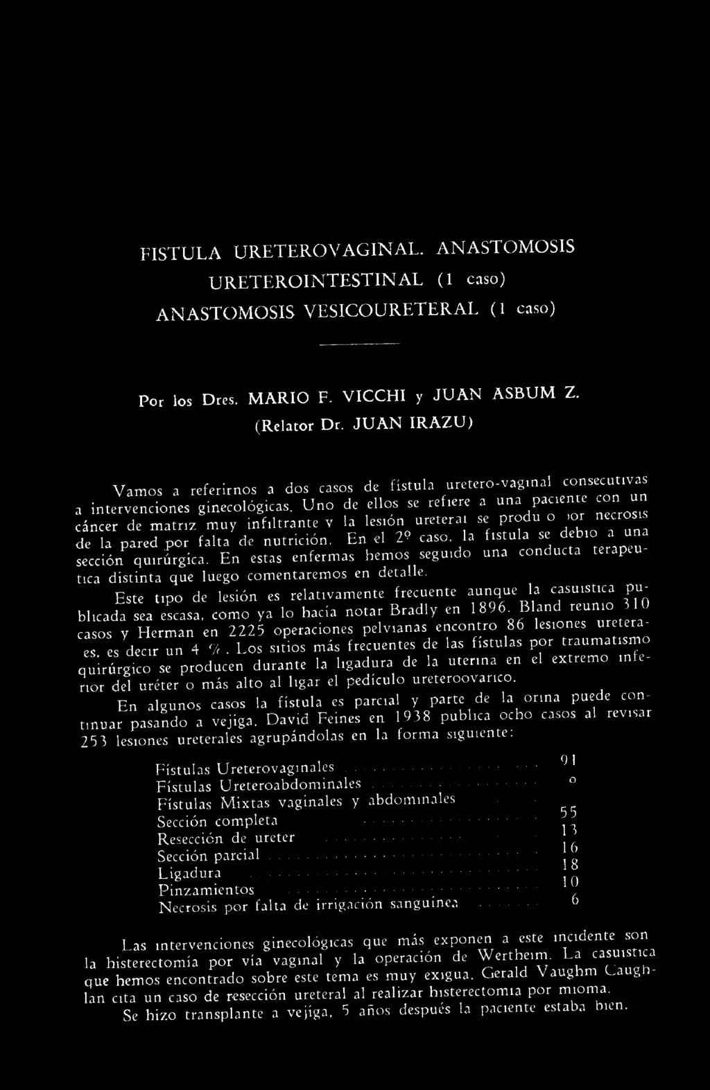 FISTULA URETERO VAGINAL. ANASTOMOSIS URETEROINTESTINAL (1 caso) ANASTOMOSIS VESICOURETERAL (1 caso) Por los Dres. MARIO F. VICCHI y JUAN ASBUM Z. (Relator Dr.