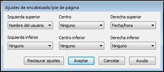 Ajustes de encabezado/pie de página- Windows Puede seleccionar cualquier opción en la ventana Ajustes de encabezado/pie de página para agregar un encabezado o pie de página al imprimir.
