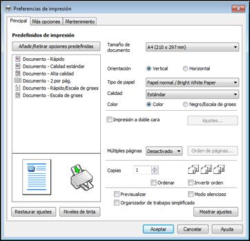 3. Seleccione los ajustes de impresión que desea utilizar como los ajustes predeterminados en todos los programas de Windows. 4. Haga clic en Aceptar.