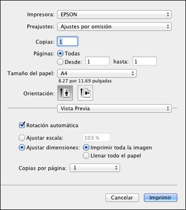 Nota: La ventana de impresión puede ser diferente, dependiendo de la versión de Mac OS X y la aplicación que está utilizando. 5. Seleccione los ajustes Copias y Páginas, según sea necesario.