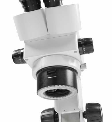 Microscopios estereoscópicos con zoom KERN OZL-5R LAB LINE El práctico y flexible microscopio estereoscópico con zoom con iluminación de anillos LED integrada y un gran rango de zoom Características