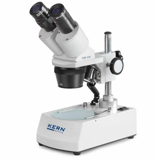 Microscopios estereoscópicos KERN OSE- Con pieza insertada para caballete blanca OSE 16/17 Con pieza insertada para caballete negra EDUCATIONAL LINE Pequeño y robusto, para escuelas, centros