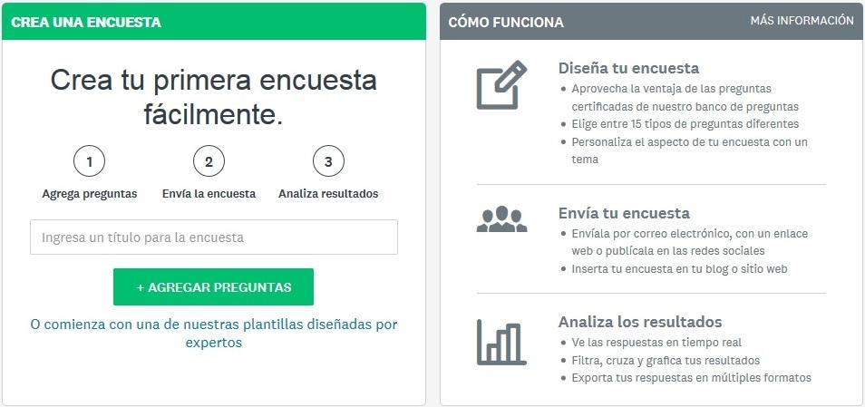 Realizar investigaciones sociológicas Survey Monkey Qué es? Es una herramienta web para realizar encuestas de forma sencilla. No es necesario instalar ningún software, y está en español.