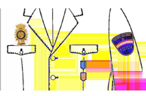 N.º de Distintivos UNO DOS TRES Distribución Centrado, sobre la costura del bolsillo izquierdo de la guerrera o en la tabla del bolsillo izquierdo de la camisa de verano del uniforme DE